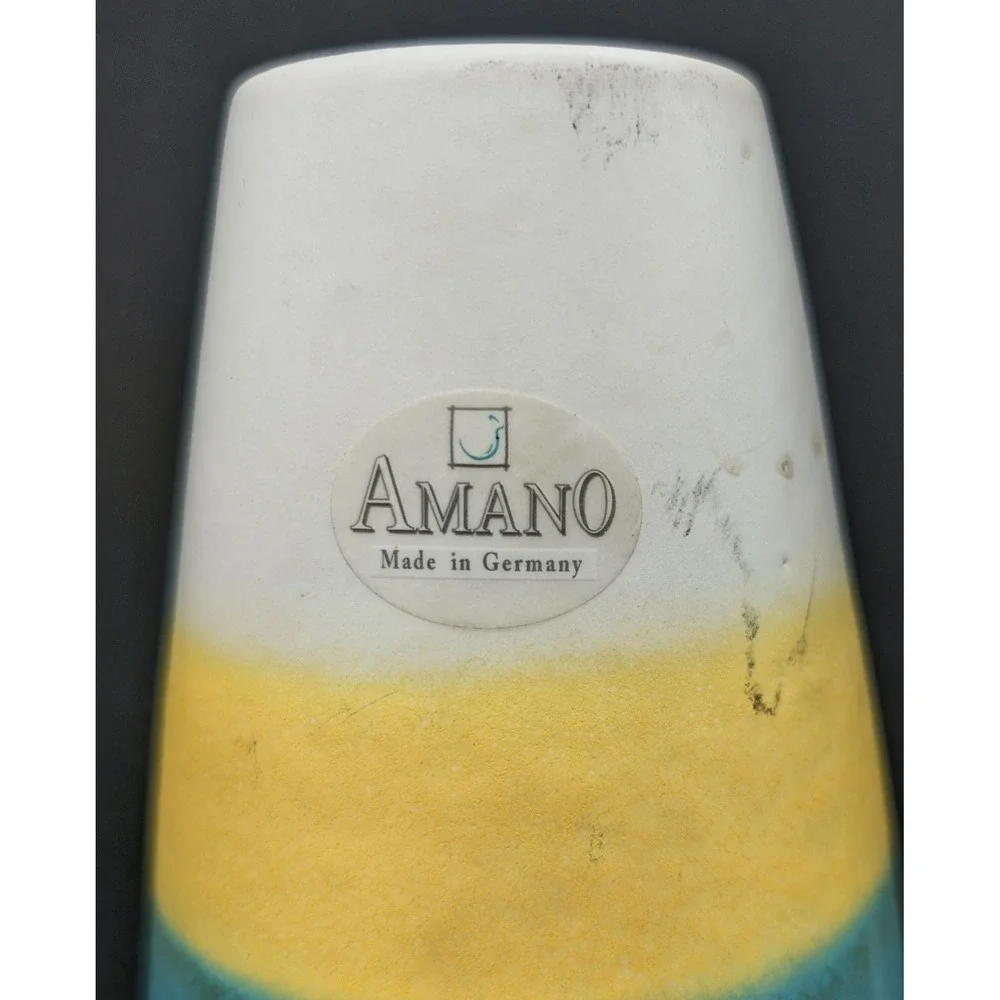 Amano West Germany Pottery Vase Mid Century Modern Striped Ceramic Yellow Blue